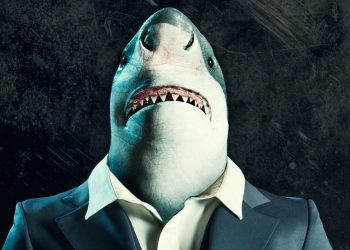 A picture of a shark in a business suit representing a loan shark.