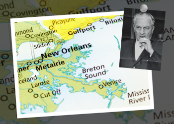 A photo of a map of New Orleans accompanied by a photo of boss Carlo Marcello chomping on a cigar.