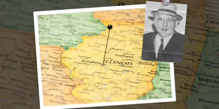 A photo of Frank Zito head of the Springfield Mafia Family with a photo of Sprinfield on a map of Illinois. Frank Zito Family Leadership Chart.