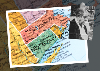 A map showing Massachusetts, Connecticut and Rhode Island with a focus on Waterbury, Connecticut. And an inset photo of Joseph LaSelva.