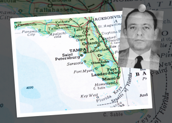 A map of Florida showing Tampa with an inset picture of Santo Trafficante Jr.