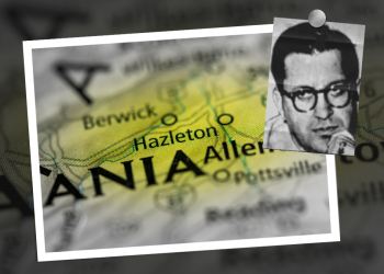 A map of Hazleton, Pennsylvania with an inset photo of Joseph Scalleat.