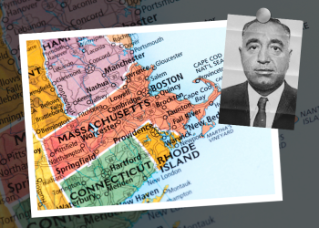 A map of New England showing Springfield, Massachusetts with an inset picture of Frank (Frankie Skyball) Scibelli.