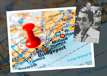 A picture showing Bridgeport on a Connecticut map with an inset picture of Frank Piccolo.