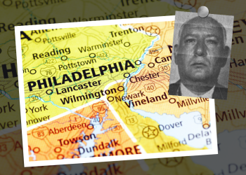 A map of Philadelphia with an inset photo of Harry Stromberg.