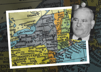 A map showing cities in Upstate New York, including Buffalo with an inset picture of Stefano Magaddino.