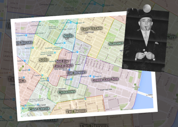 A map of the Lower East Side of Manhattan with an inset picture of Mike Miranda.