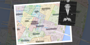 A map of the Lower East Side of Manhattan with an inset picture of Mike Miranda.
