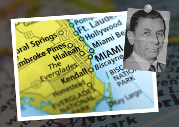 A map of Florida and New York with an inset picture of Meyer Lansky.
