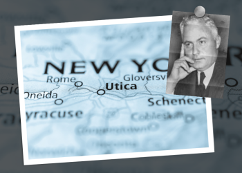 A map showing Utica with an inset picture of Salvatore Falcone.