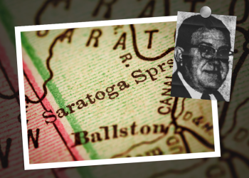 A picture of Saratoga Springs on the map with an inset picture of Doc Farone.