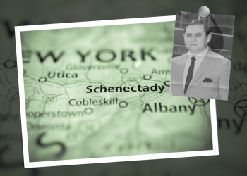 A map showing Schenectady with an inset picture of Paul DiCocco Sr.