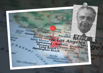 A map showing Los Angeles with an inset picture of Jack Dragna.