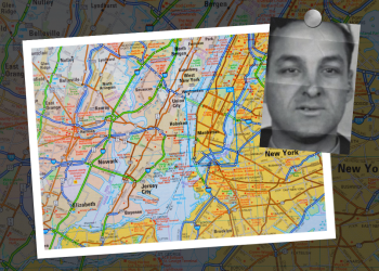 A map of New York and New Jersey with an inset picture of Eugene Catena.