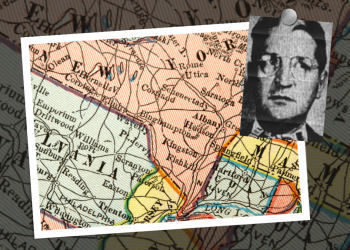 A photo of of a map showing Schenectady's location with an inset picture of Tony Bernardi.