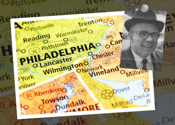 A map of Philadelphia with an inset picture of Angelo Bruno.