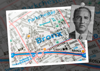 A map of the Bronx with an inset picture of Vincent Alo.