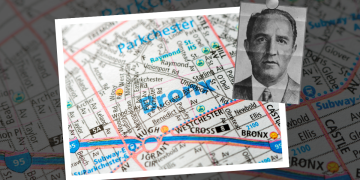 A map of the Bronx with an inset picture of Vincent Alo.
