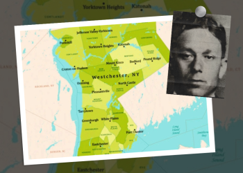 A photo of a map of Westchester County with a picture of James Angelina/Angelino.