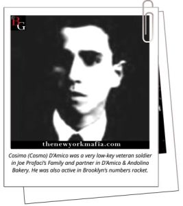Cosimo (Cosmo) D’Amico was a very low-key veteran soldier in Joe Profaci‘s Family and partner in D’Amico & Andolino Bakery. He was also active in Brooklyn‘s numbers racket.