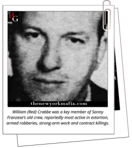 William (Red) Crabbe was a key member of Sonny Franzese’s old crew, reportedly most active in extortion, armed robberies, strong-arm work and contract killings.