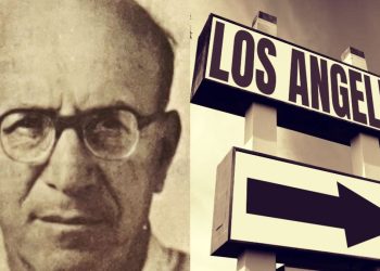 A photo of Marco Li Mandri next to a photo of a sign saying Los Angeles with an arrow pointing to that direction.