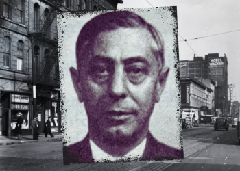 A photo of Dominick Nuccio on a backdrop of a 1940s photo of the North Side of Chicago.