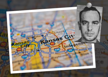 A map of Kansas City, Missouri with an inset of Nicholas Civella, boss of the Kansas City Outfit.