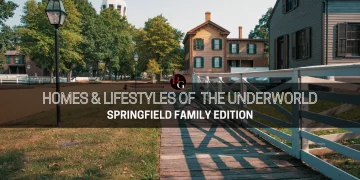 A photo of a Springfield, Illinois neighborhood with the text "Homes & Lifestyles of the Underworld: Springfield Family Edition" in a black shaded overlay in the center of the pic.
