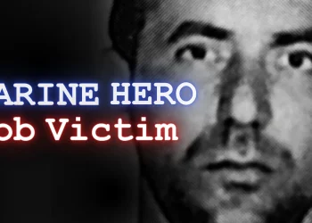 A mugshot of Joseph "Joe Mags" Magnasco with the words: "Marine Hero, Mob Victim" overlaid.