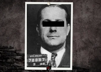 A mugshot of Larry Baccala's father Frank Abbandando Sr. set on a customized BG background with a black rectangle over his eyes and the words "Frank Sr." at the bottom.