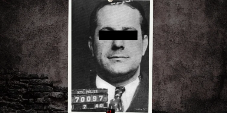 A mugshot of Larry Baccala's father Frank Abbandando Sr. set on a customized BG background with a black rectangle over his eyes and the words "Frank Sr." at the bottom.