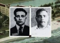 A custom photo with aa background of the Wofford Hotel in Miami with a mugshot of mobsters John and George Angersola