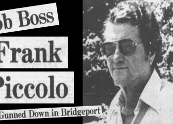 A photo of Gambino mobster Frank Piccolo with the words: "Mob Boss Frank Piccolo gunned down in Bridgeport"