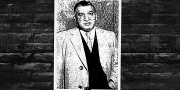 A photo of mobster Jigger Santo set on a signature Button Guys background.