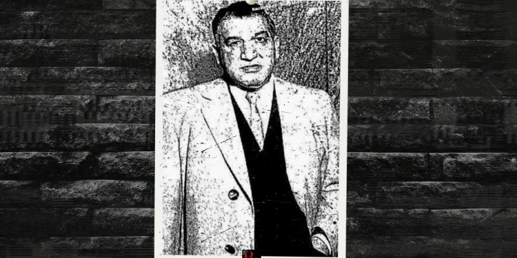 A photo of mobster Jigger Santo set on a signature Button Guys background.