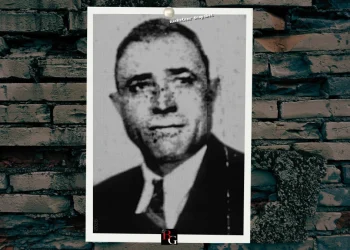 A photo of mobster Benny Lanza set on a signature Button Guys brick background.