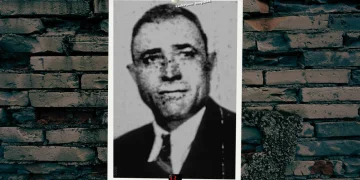 A photo of mobster Benny Lanza set on a signature Button Guys brick background.