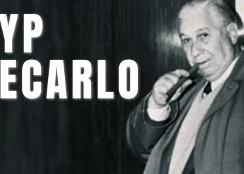 A signature Button Guys graphic featuring a photo of mobster Gyp DeCarlo standing outside court room doors with the words "Gyp DeCarlo" next to him.