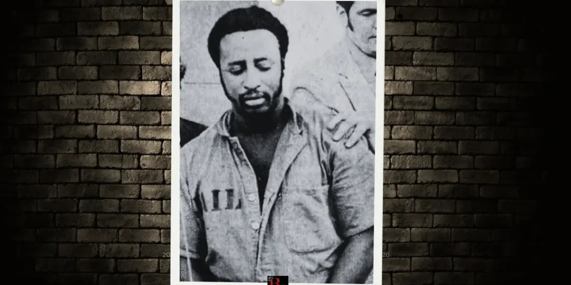 Legenary Black Drug Kingpin Frank Matthews show in cuffs on a custom Button Guys graphic.