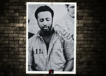 Legenary Black Drug Kingpin Frank Matthews show in cuffs on a custom Button Guys graphic.