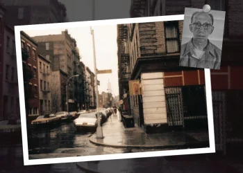 A signature Button Guys chart graphic for the Joseph DiPalermo Prince Street Crew Regime Chart featuring a 1970s photo of Prince Street in New York city offset by a photo of mobster Joseph DiPalermo