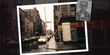 A signature Button Guys chart graphic for the Joseph DiPalermo Prince Street Crew Regime Chart featuring a 1970s photo of Prince Street in New York city offset by a photo of mobster Joseph DiPalermo