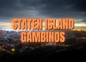 Homes & Lifestyles of the Underworld Gambino Family Staten Island Homes featured graphic featuring a photo of Staten Island New York with the text overlay: Staten Island Gambinos on Button Guys