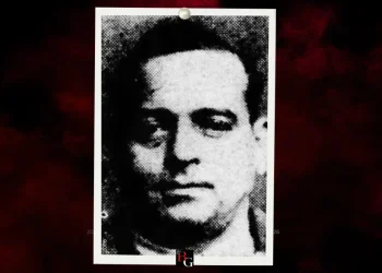 Featured Image for Frank Livorsi bio featuring a framed mugshot set on a dark black and red background.