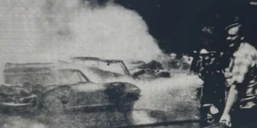 Featured image for The Violent Death of Irish Mob Boss Mickey Bowers featuring a newspaper phot of the crash site on Button Guys
