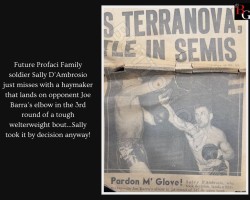 Future Profaci Family soldier Sally D’Ambrosio just misses with a haymaker that lands on opponent Joe Barra’s elbow in the 3rd round of a tough welterweight bout…Sally took it by decision anyway!