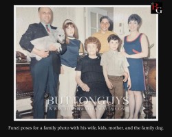 Funzi poses for a family photo with his wife, kids, mother, and the family dog.