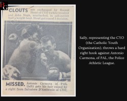 Sally, representing the CYO (the Catholic Youth Organization), throws a hard right hook against Antonio Carmona, of PAL, the Police Athletic League.